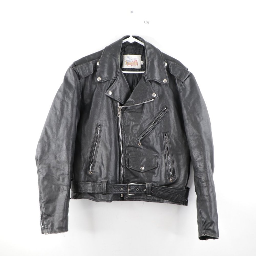 Vintage Belted LEather Motorcycle Jacket Black USA